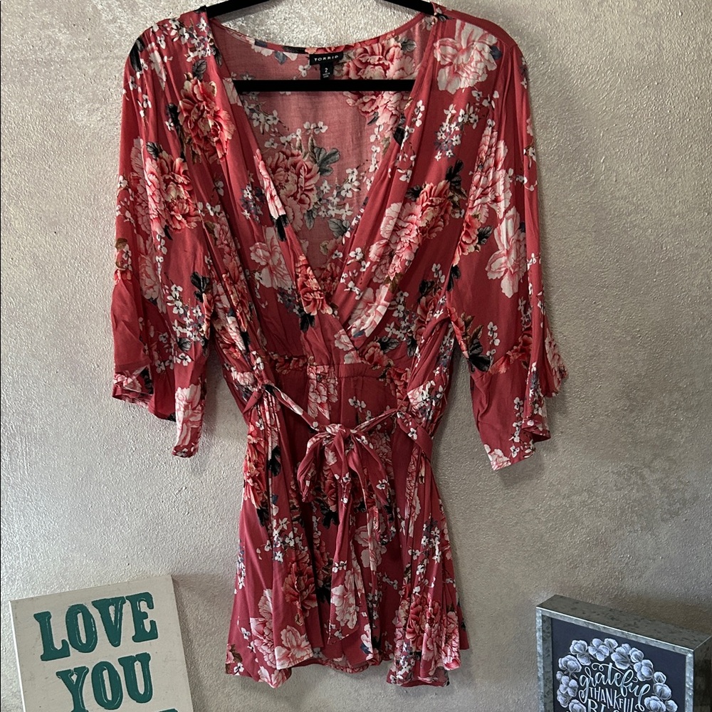 Torrid Floral Wrap Blouse in Red and Pink